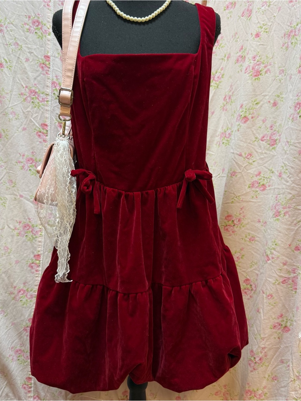 Cider Velvet Red Square-Neck Tiered Mini Dress